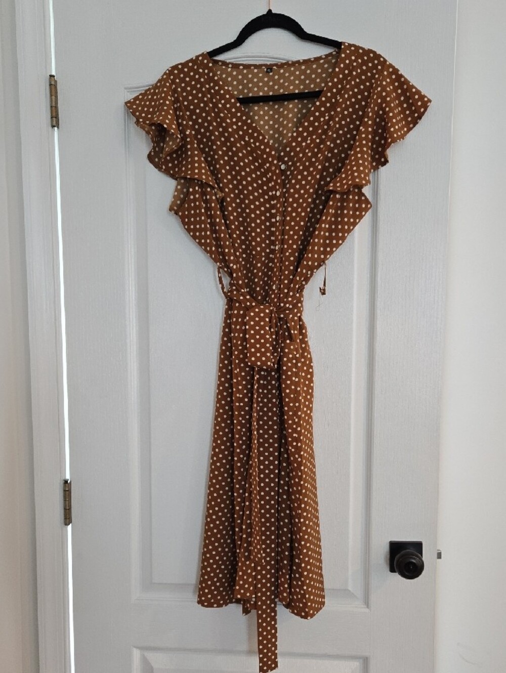 Polka Dot Ruffle Button-Front Blouse in Tan and White